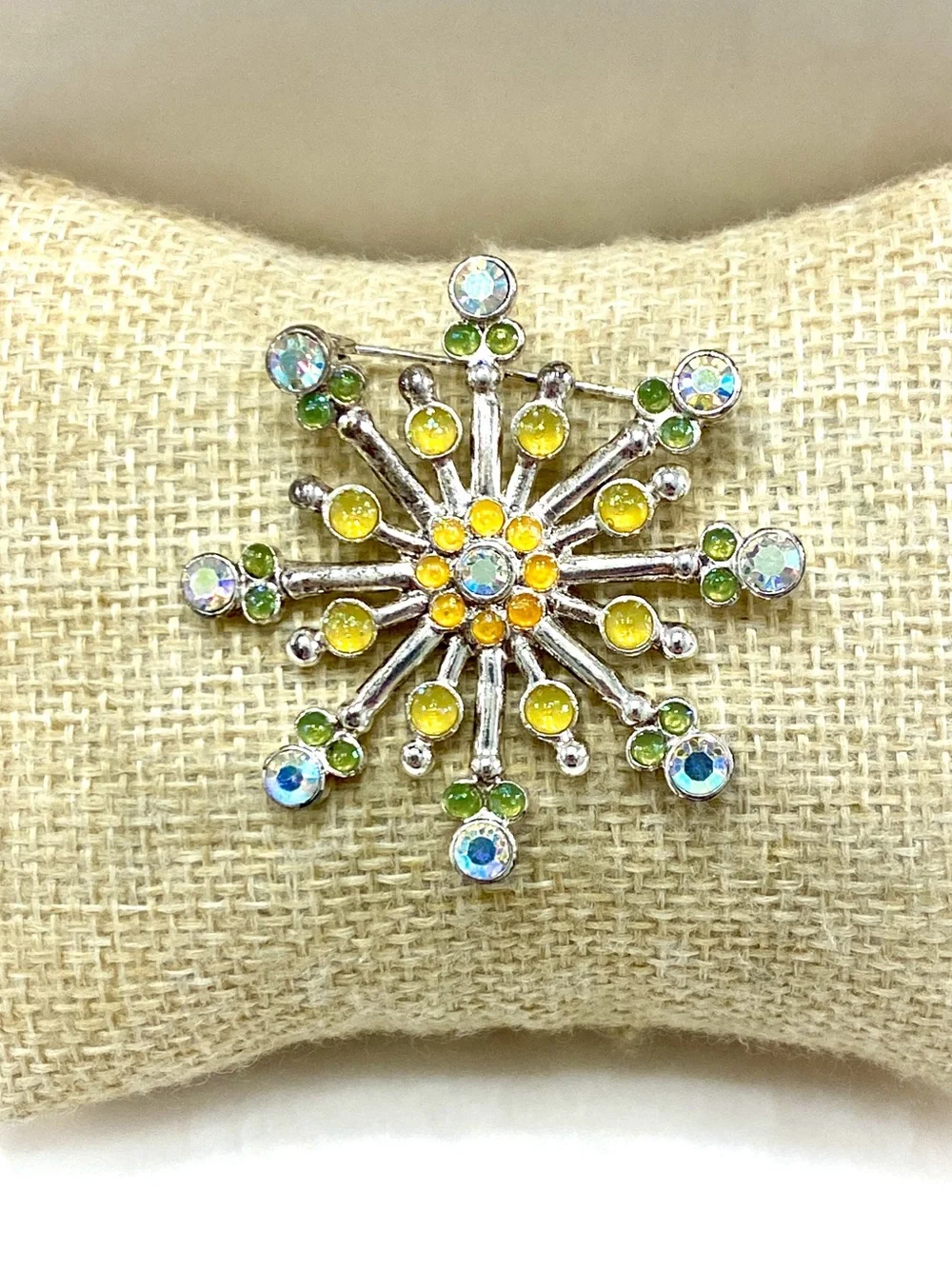 Anne Klein Silver Snowflake Brooch with Yellow, Green & Blue Stones